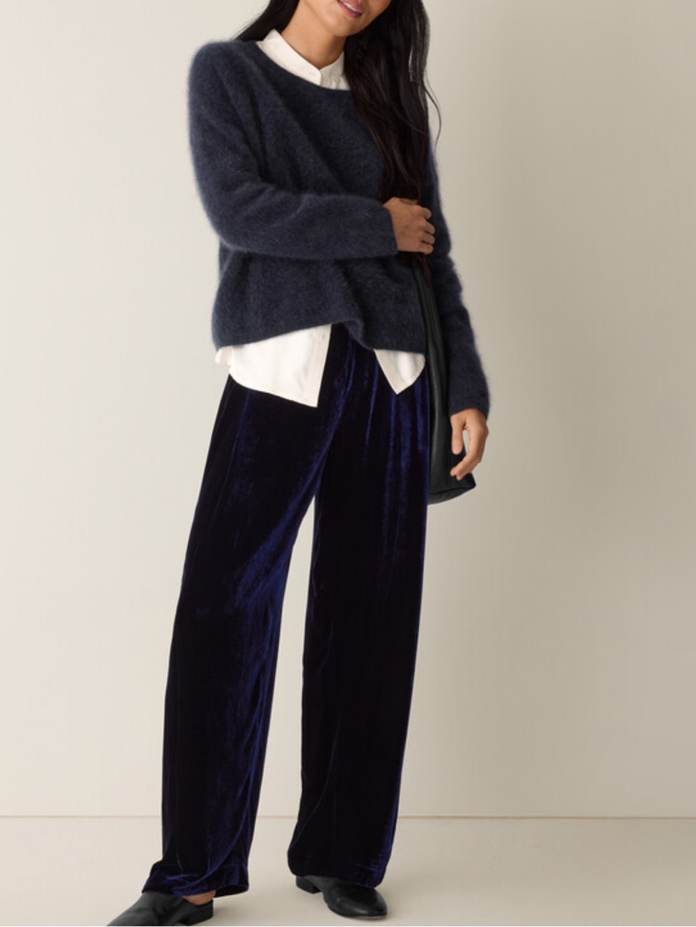 Eileen Fisher Velvet Pleated Straight Elastic Waist Black Silk Pants Size: L